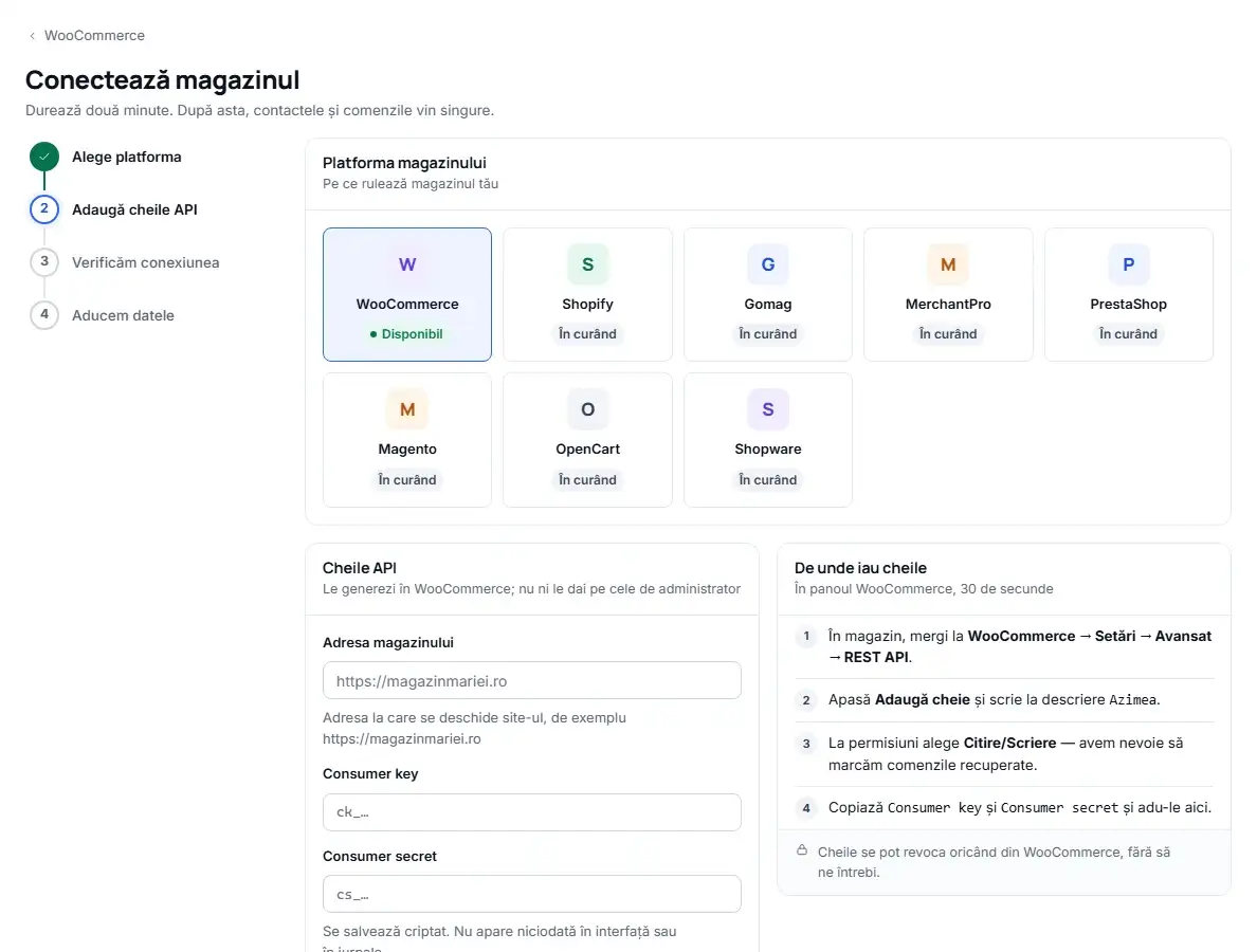 Ecranul Conectează magazinul din Azimea: alegerea platformei, formularul pentru adresa magazinului și cele două chei, plus cei patru pași pentru a găsi cheile în WooCommerce