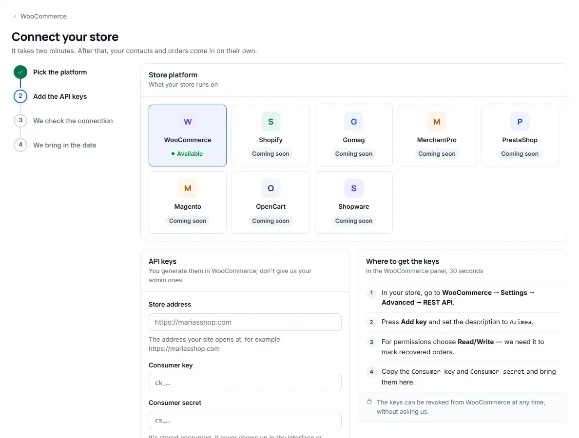 The connection screen in Azimea: WooCommerce available, the other platforms marked “Coming soon”, and the steps for the API keys
