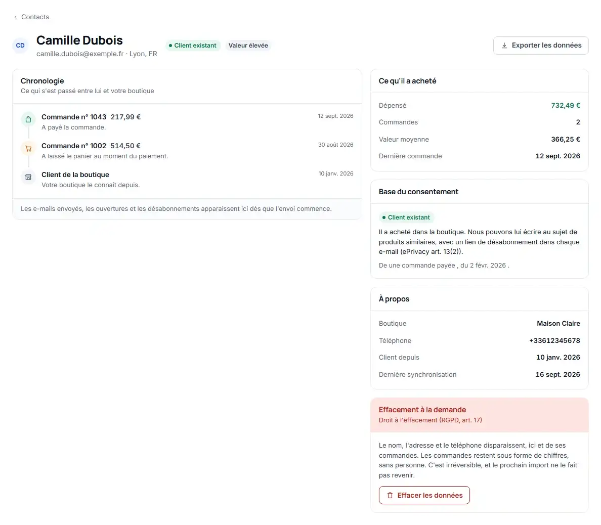 La fiche d’un contact dans Azimea : la base légale du consentement, le bouton d’export et la section d’effacement sur demande