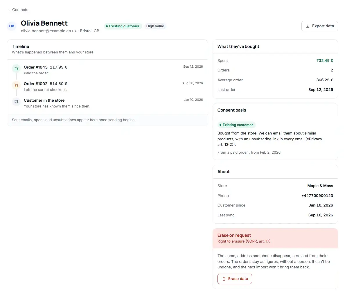 A contact record in Azimea: the consent basis, the export button and the erasure on request section