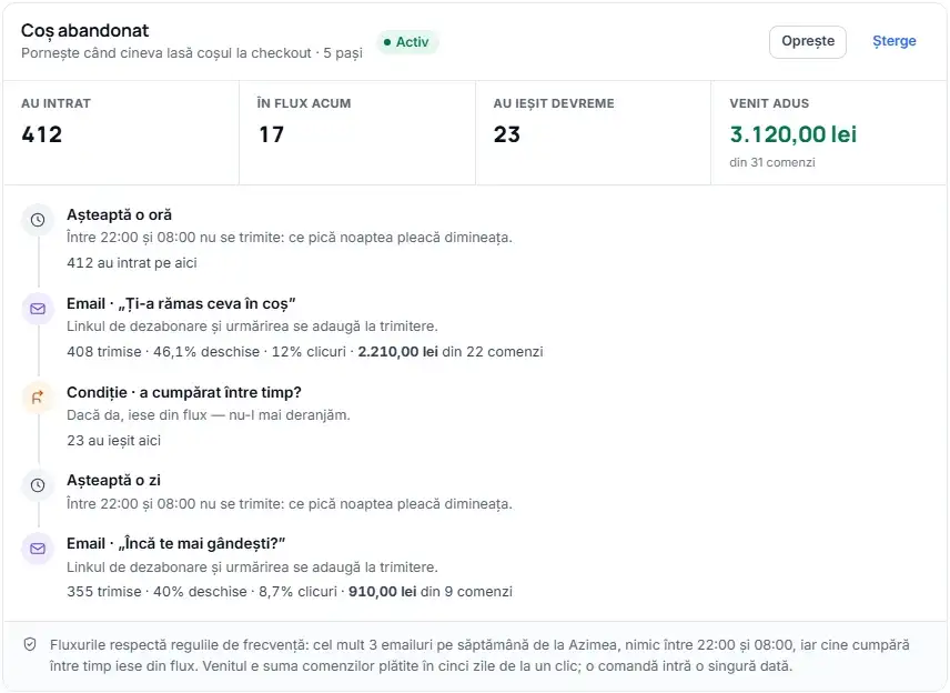 Fluxul Coș abandonat în Azimea: câți au intrat, câți sunt în flux, câți au ieșit devreme, venitul adus și primii pași, fiecare cu cifrele lui