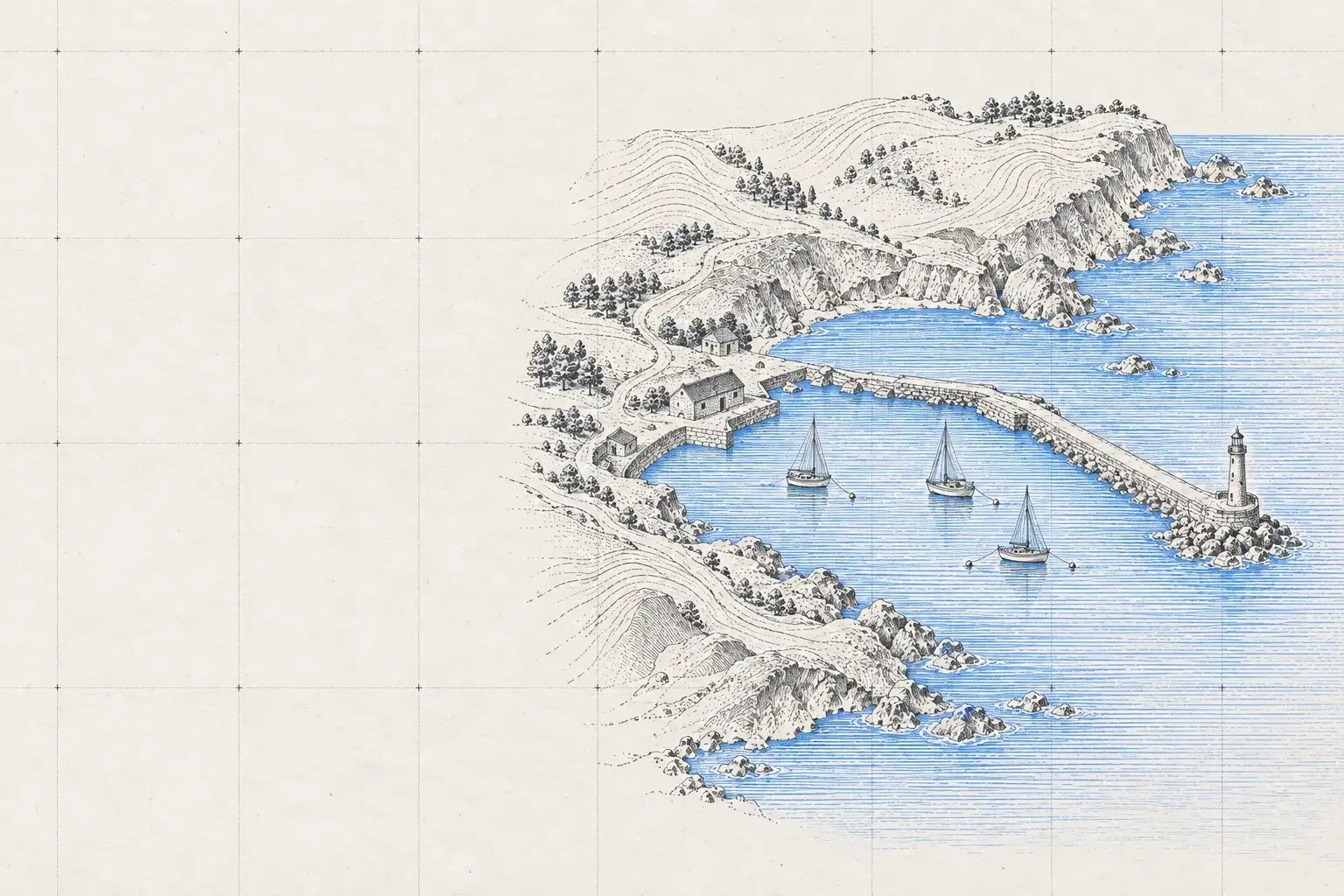 Gravure : un port abrité, avec une jetée, un phare et trois bateaux au mouillage