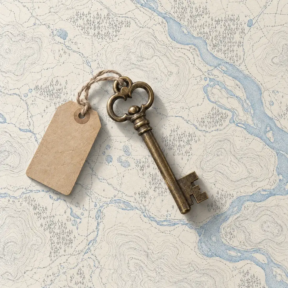 Llave de latón con una etiqueta atada con cordel, sobre un mapa
