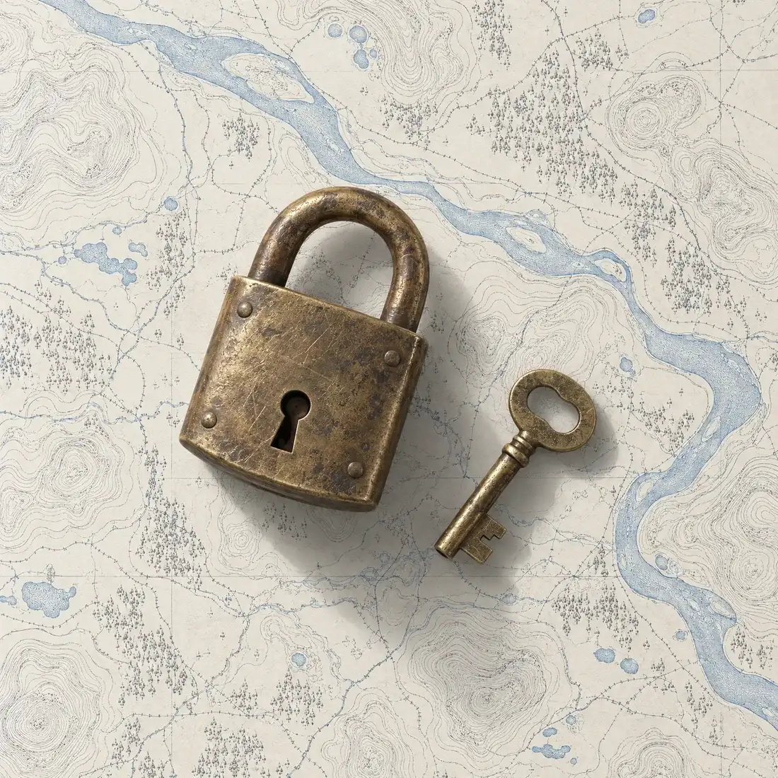 Old brass padlock and its key, on an engraved map