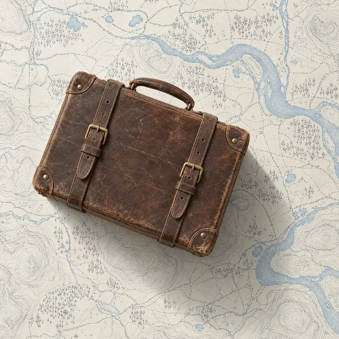 Vieille valise en cuir à deux sangles, sur une carte
